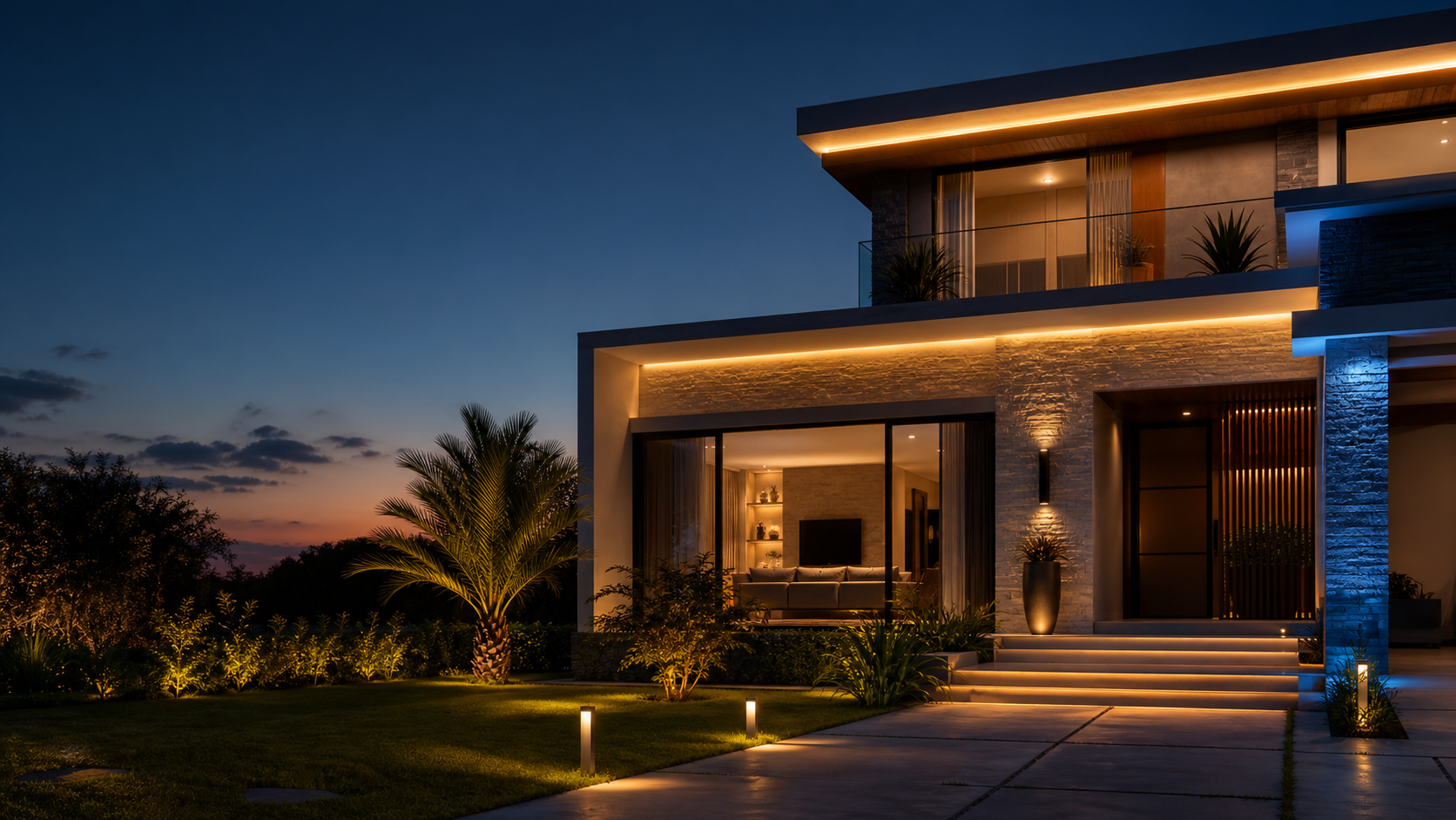 Casa inteligente com iluminação de fachada e jardim ao anoitecer